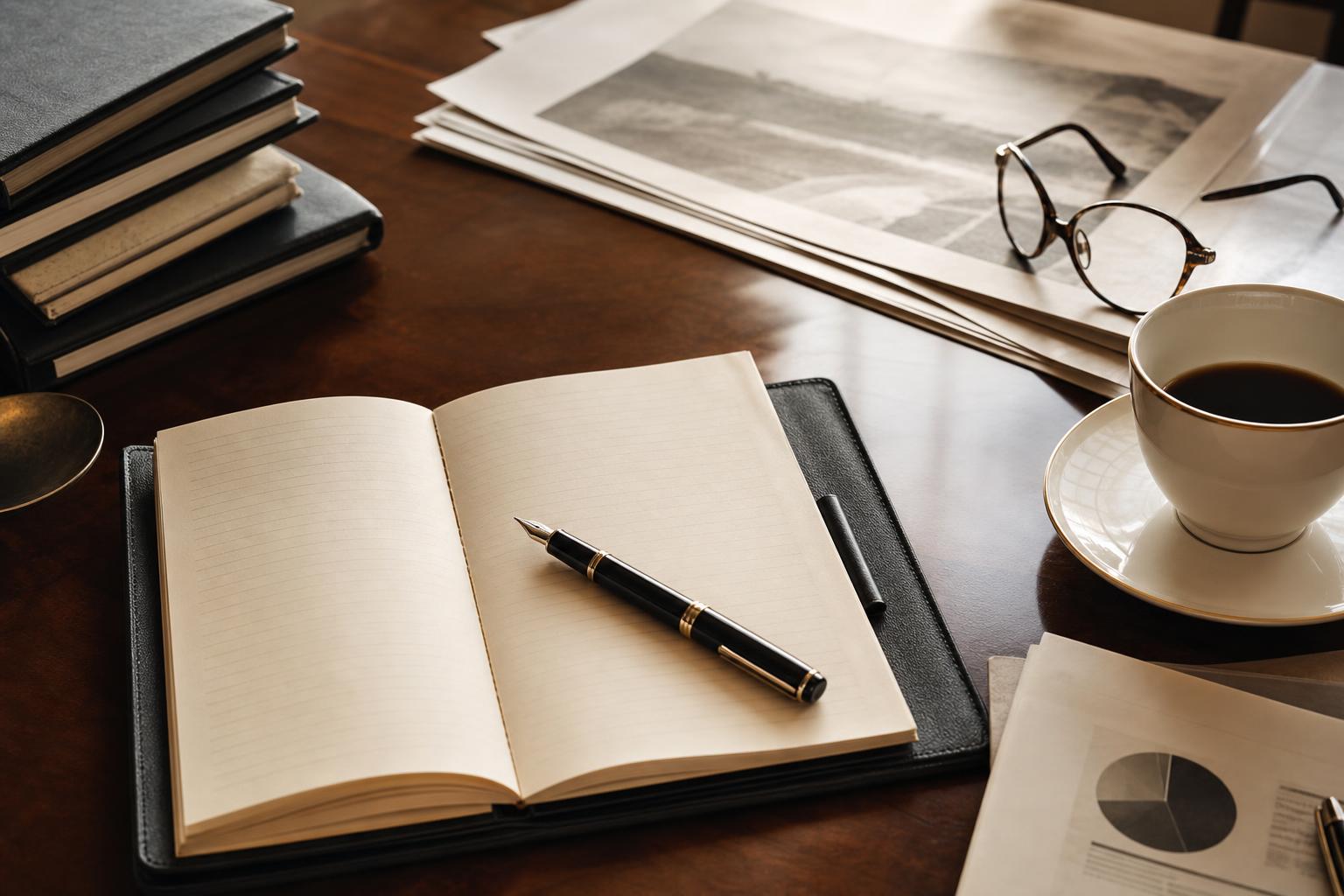Editorial still life of an open notebook, fountain pen, printed reports, and coffee — reputation management firms newsroom desk